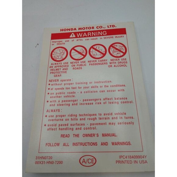 Honda TRX450ES Fourtrax Foreman ES Owners Manual 00 Edition - Picture 2 of 4